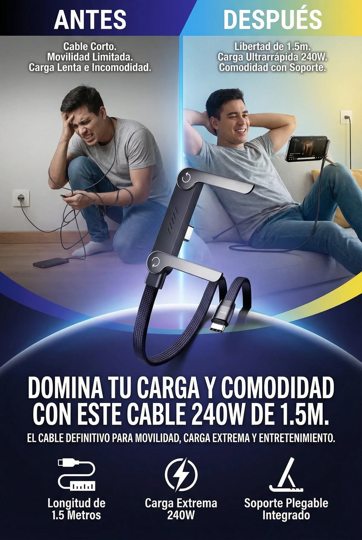 Cable Multicarga Premium con Soporte: Carga Rápida y Sin Enredos (Entrada Tipo C y iPhone)