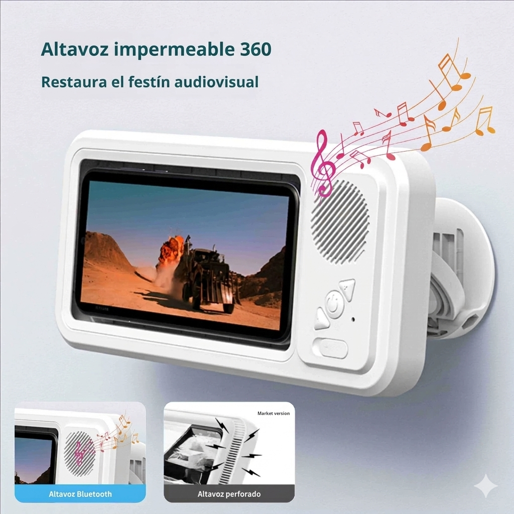 AquaSound Pro: Soporte Impermeable Táctil con Altavoz Bluetooth 360°